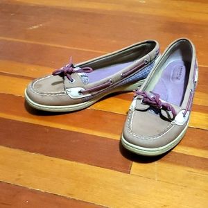 Sperry purple and tan boat shoes, size 8.5